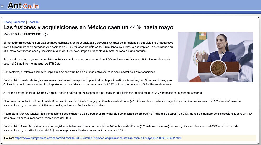 Las fusiones y adquisiciones en Mxico caen un 44% hasta mayo